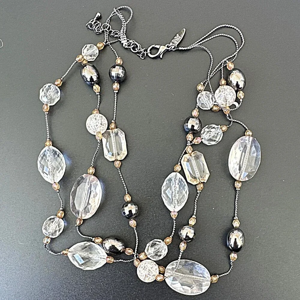 New York and Co Triple Strand Necklace Acrylic Beaded Clear Silver Tone